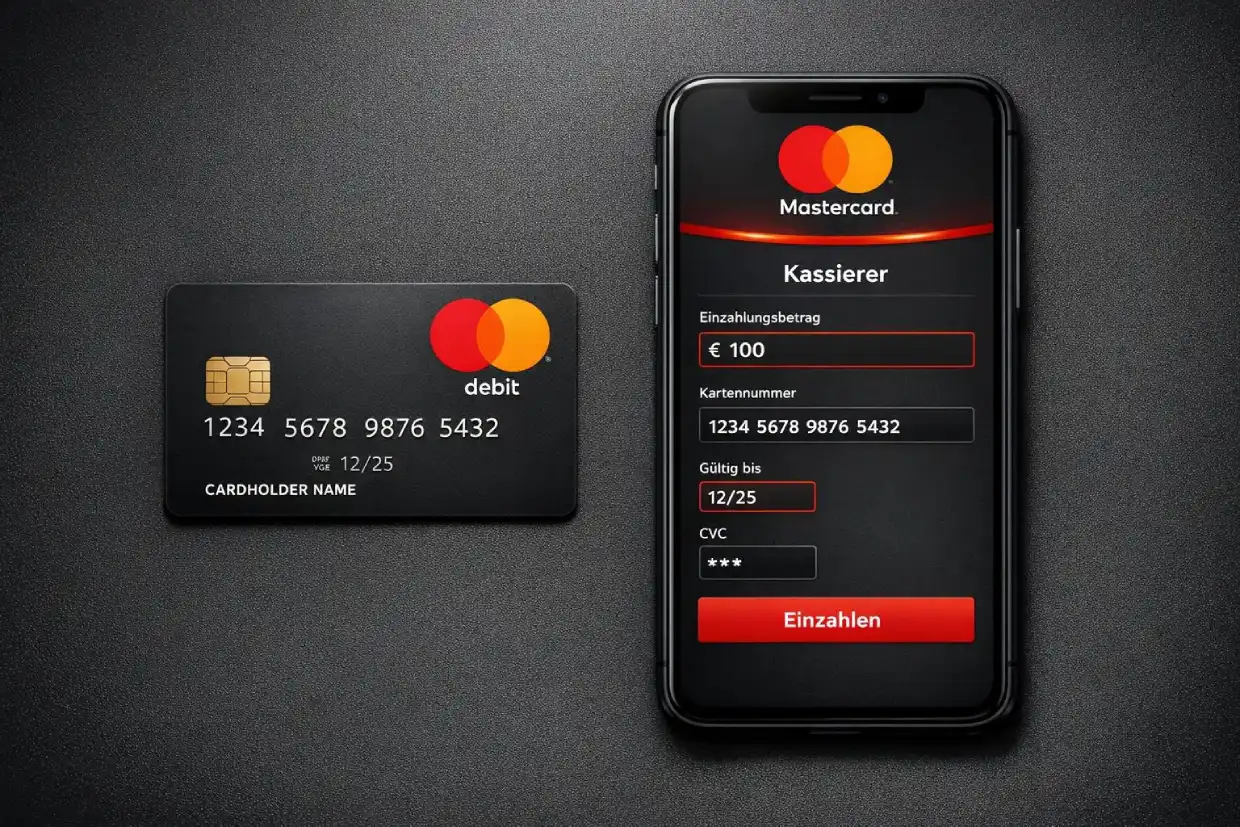 Mastercard neben Smartphone mit Online Casino Kassenbereich