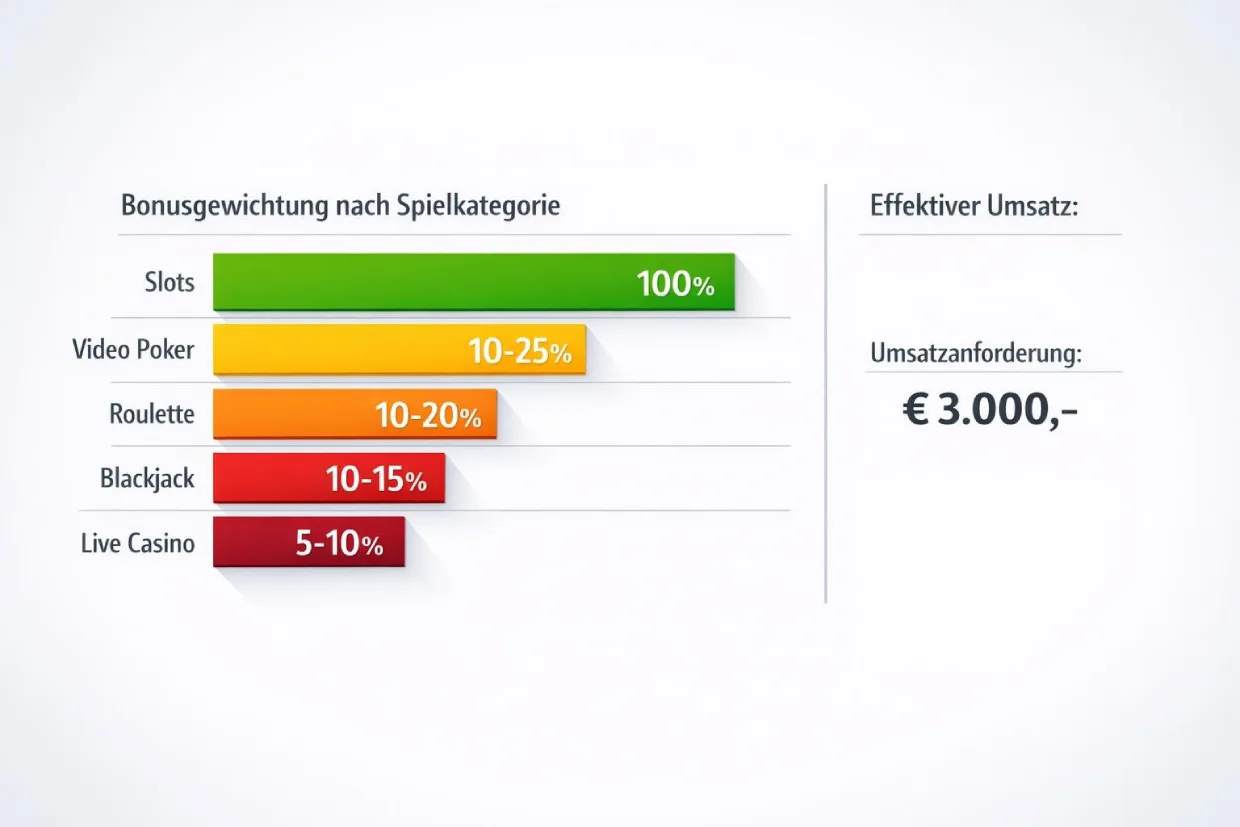 Spielgewichtung beim Online Casino Bonus nach Kategorie