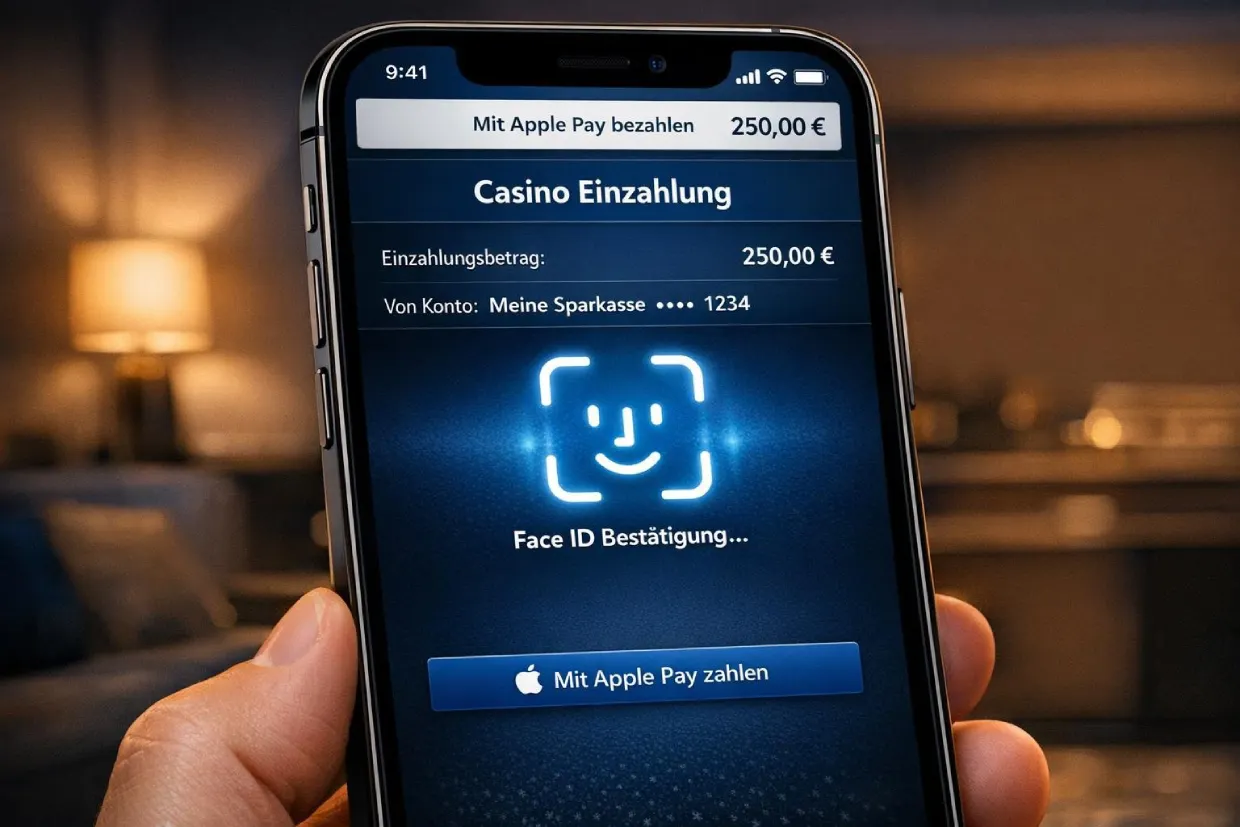 iPhone zeigt Apple Pay Einzahlung im Online Casino mit Face ID Bestätigung
