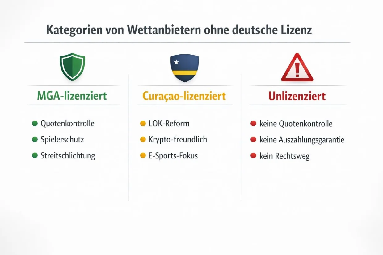 Drei Kategorien Wettanbieter ohne Lizenz von sicher bis riskant