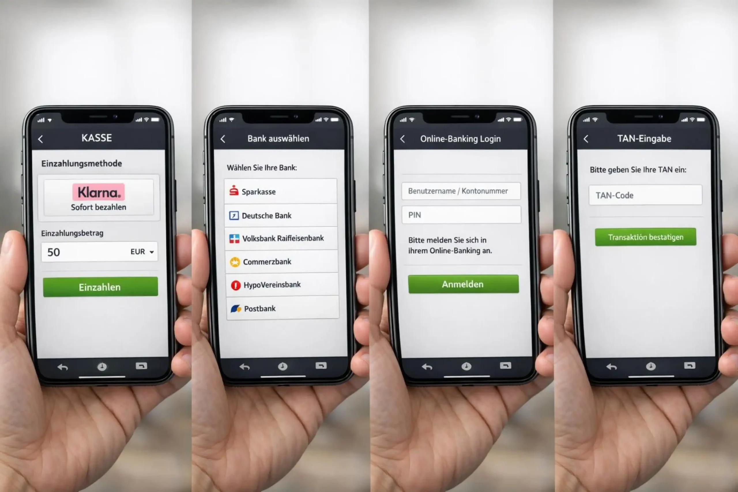 Schritt-für-Schritt-Ablauf einer Klarna Sofortüberweisung im Online Casino auf dem Smartphone