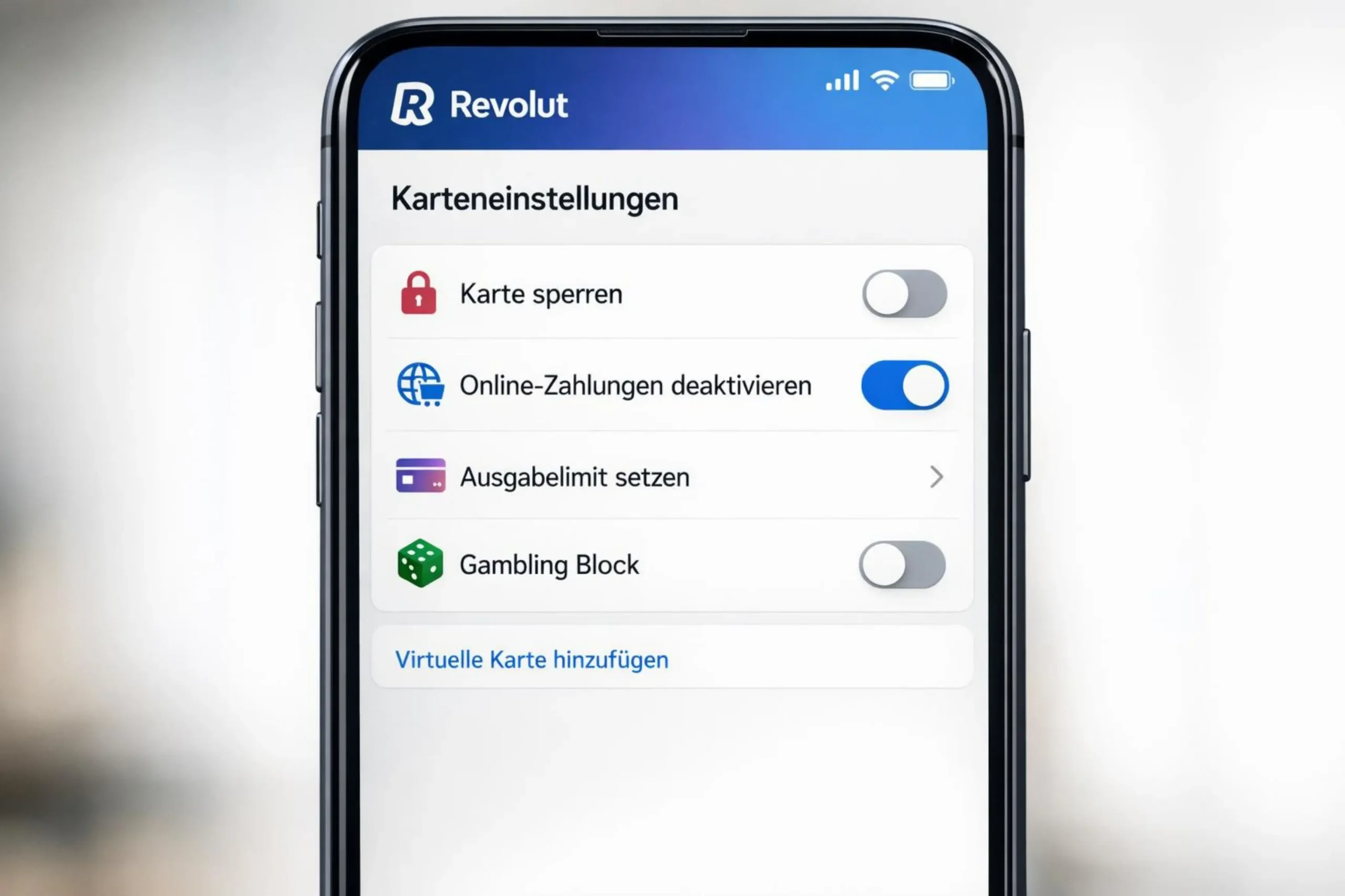 Revolut-App-Karteneinstellungen mit Gambling Block und Ausgabelimits für das Online Casino