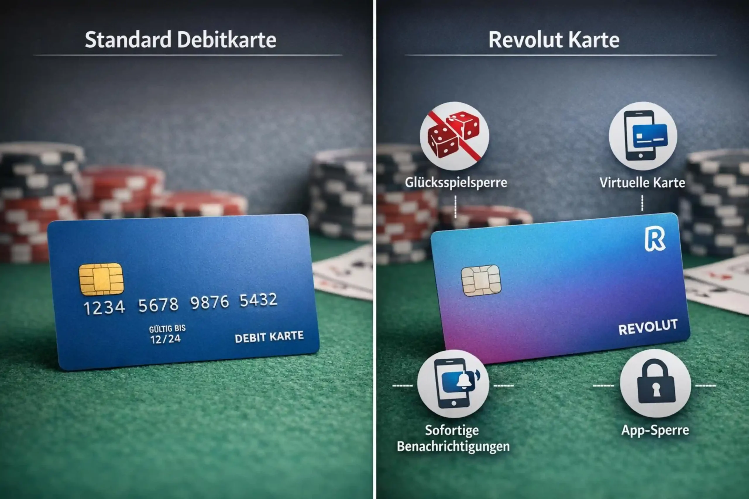 Vergleich einer normalen Debitkarte mit einer Revolut-Karte im Online Casino nach Funktionsumfang