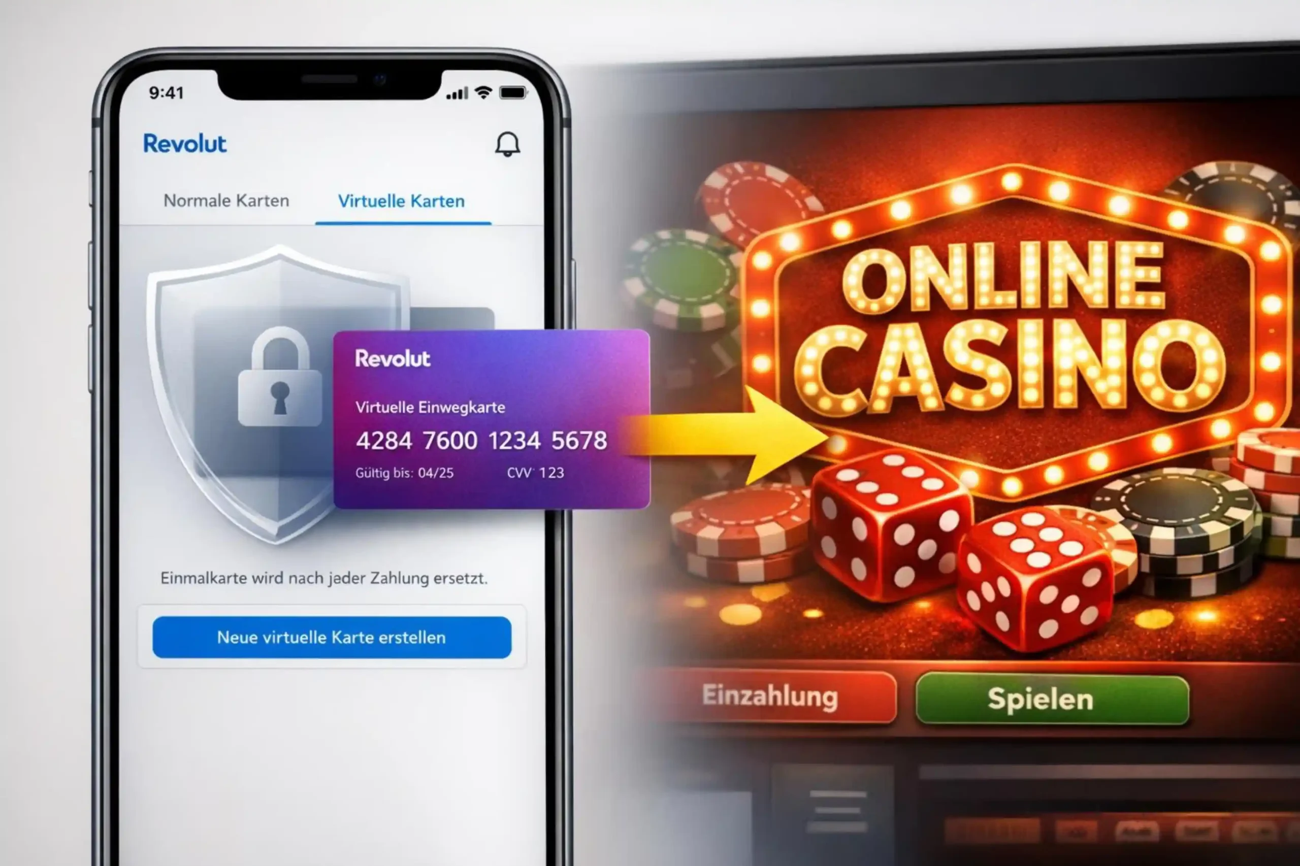 Illustration zur virtuellen Revolut-Karte als Datenschutzebene beim Einzahlen im Online Casino