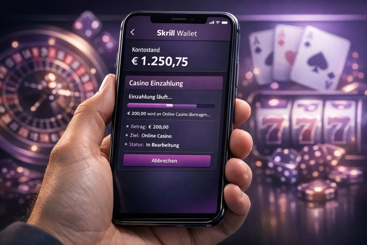 Skrill E-Wallet auf Smartphone für Einzahlung im Online Casino