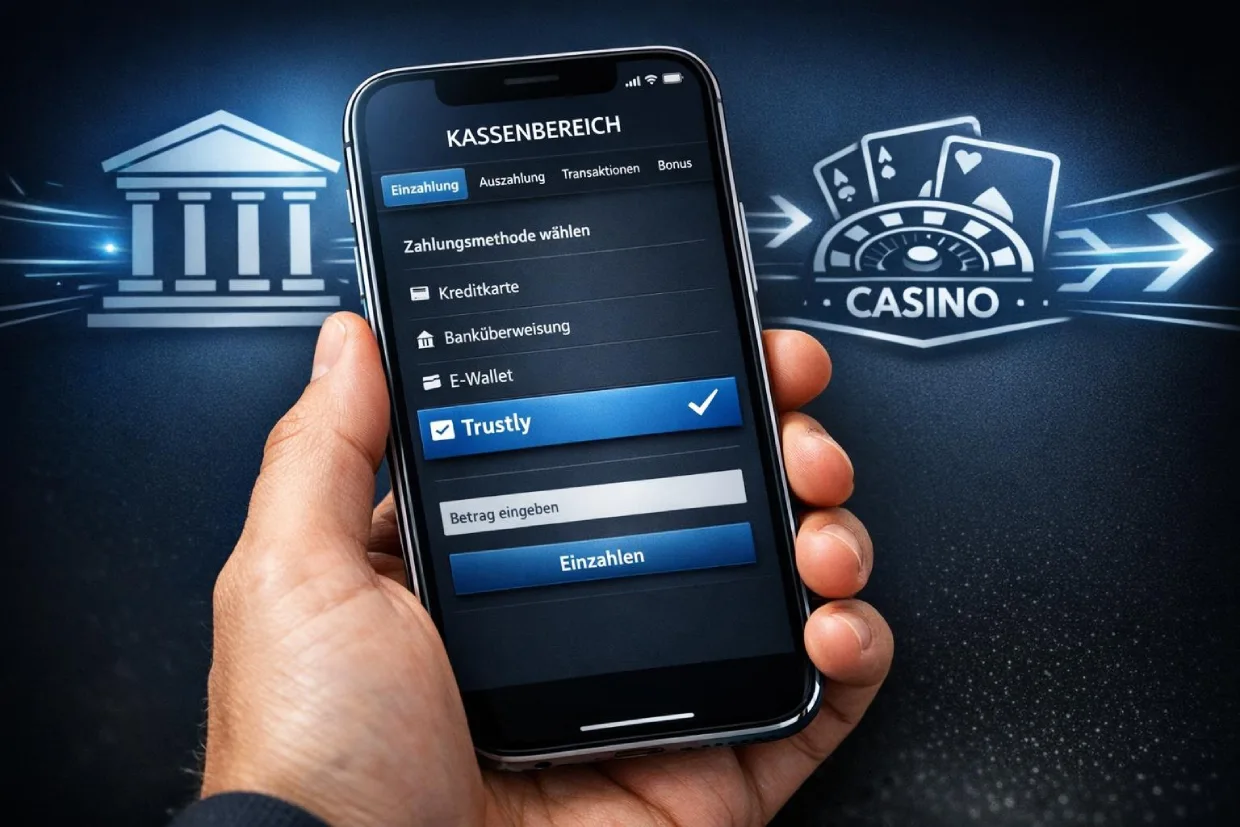 Smartphone zeigt Trustly-Einzahlung im Online Casino mit direkter Bankverbindung