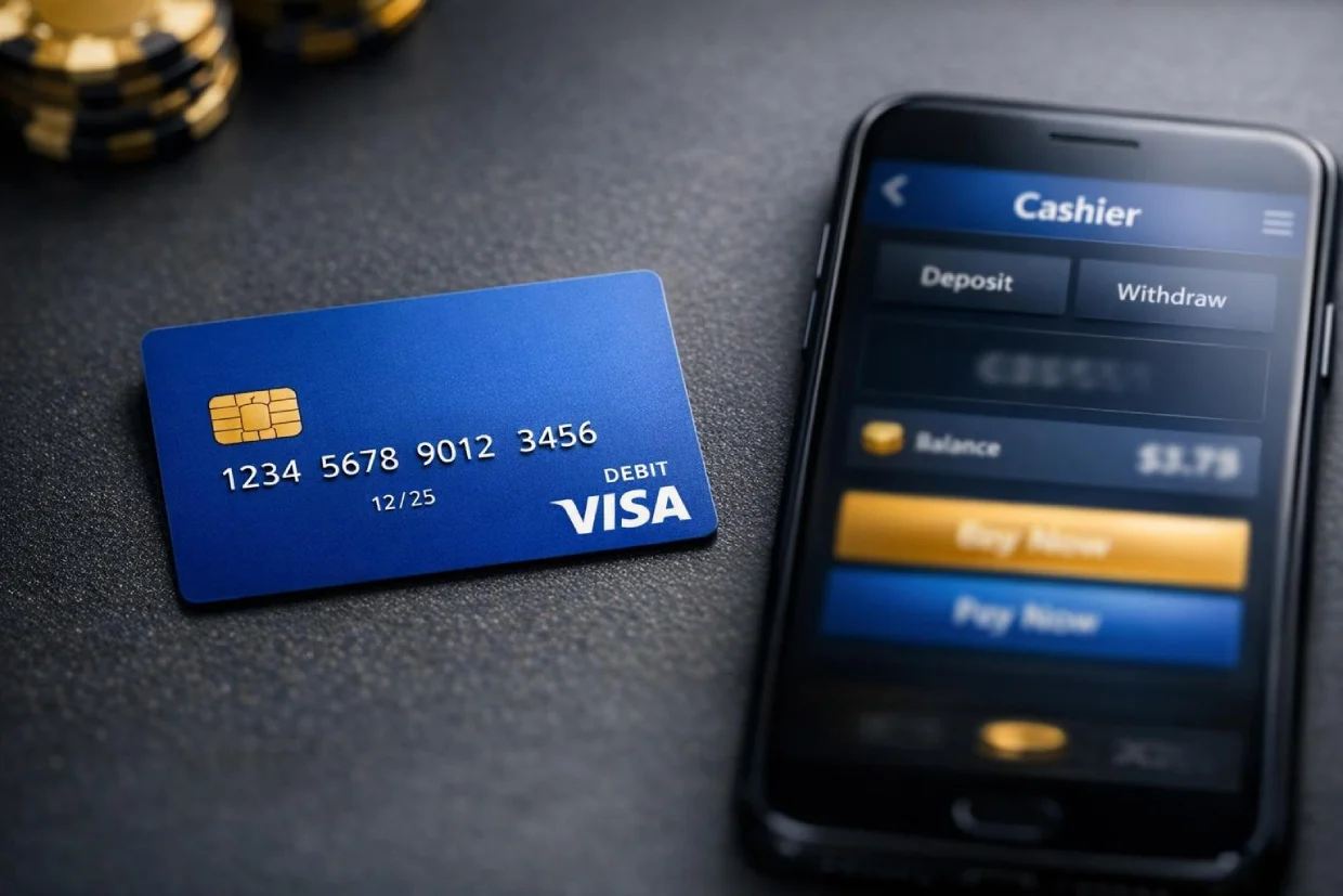 Visa Karte neben Smartphone mit Online Casino Einzahlungsbildschirm